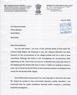 Sushant Singh Rajput Case Pm Modi Acknowledges Swamy Letter For Cbi Probe