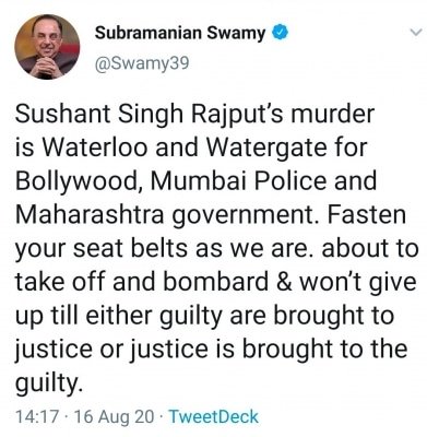 Sushant Murder Waterloo Watergate For Bwood Mumbai Police Maha Govt Swamy