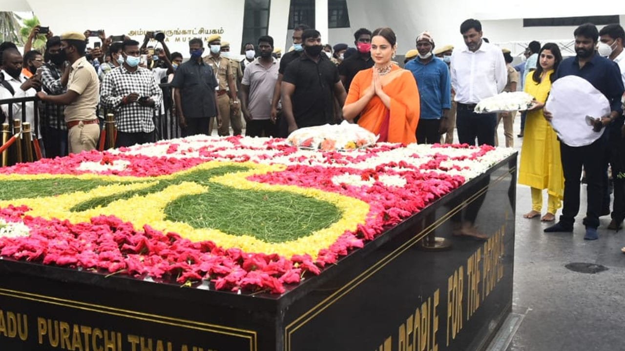 Actress Kangana Ranaut Visits Memorial Of Jayalalithaa In Chennai Ahead Of Thalaivii Release